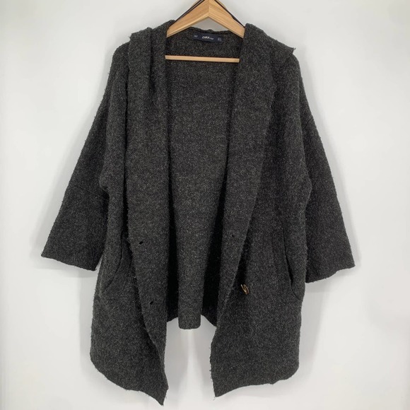 ZARA Double Breasted Oversize Sweater Jacket Hooded Chunky Cozy Cardigan, Gray - Picture 4 of 9